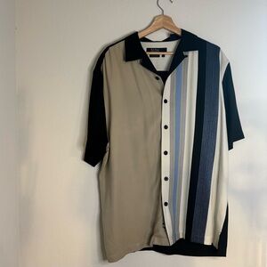 Nat Nast Men’s Silk Button Down - Retro Bowling Style - Tan & Black - Sized L